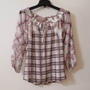 Loft XS sheer pink checkers and paisleys top